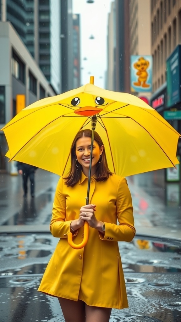 Duck-shaped umbrella opened in the rain, featuring a cute duck face design.